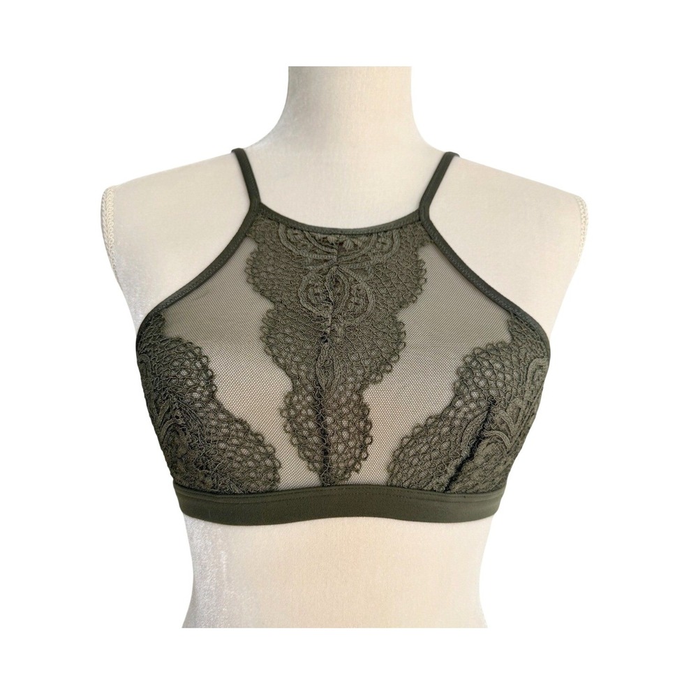 NWOT Victoria's Secret Women's Olive Green Semi Sheer Lace High-Neck Bralette XS